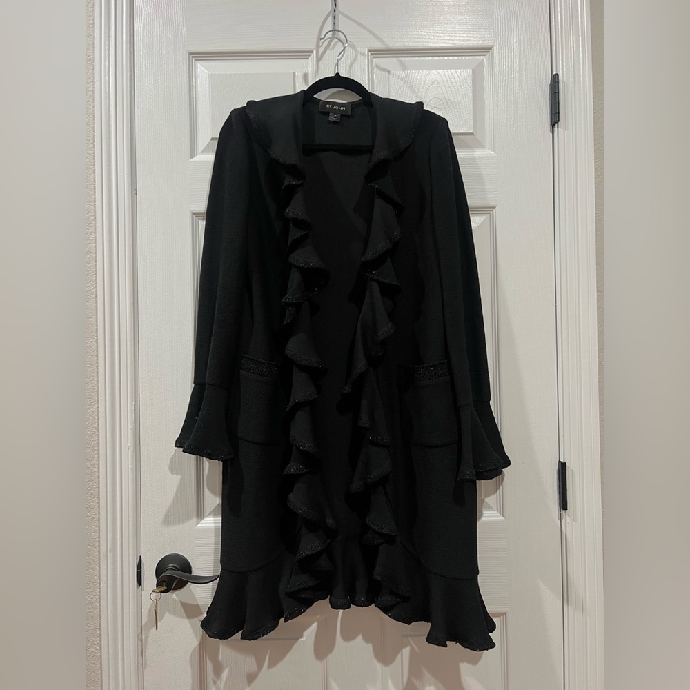 St. John WOMEN’s Black Long Open Cardigan With Pockets Size 10 Made In USA